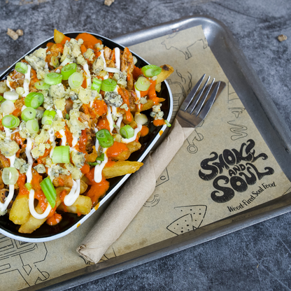Smoke and Soul BBQ pulled chicken - buffalo chicken dirty fries